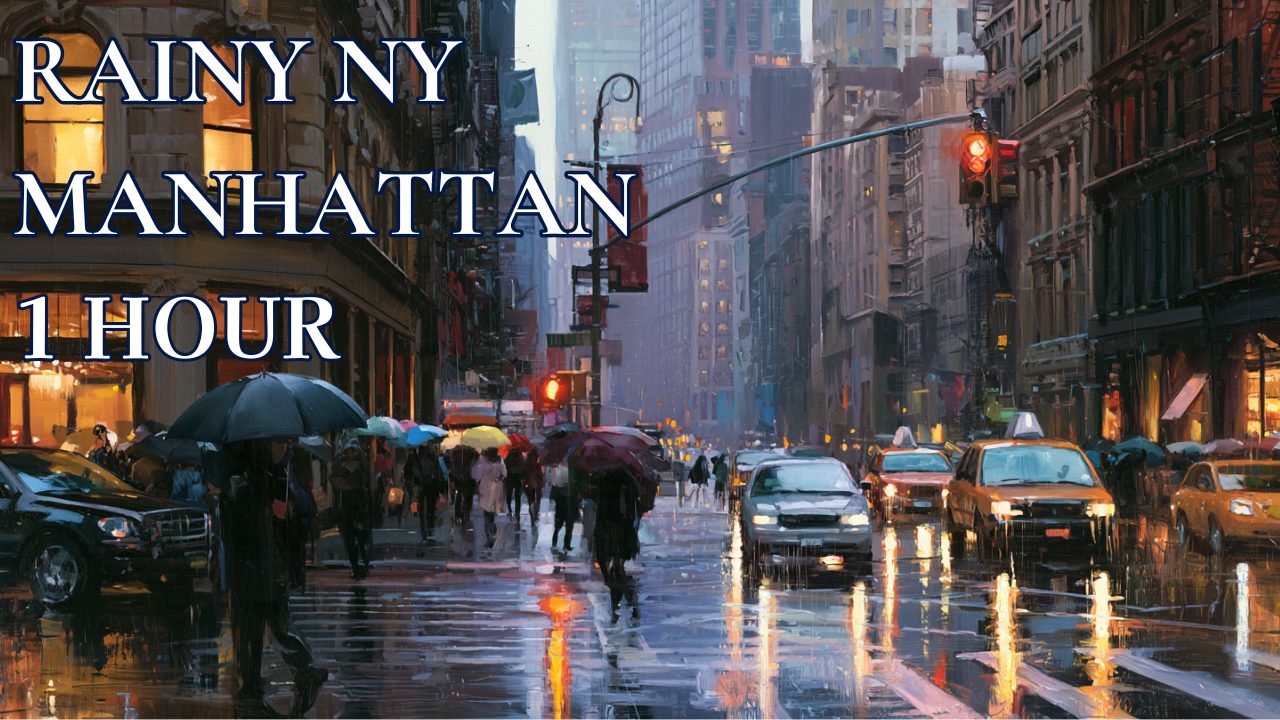 YouTube動画「Rainy NY Manhattan 1 Hour」のサムネイル。雨のマンハッタンを描いた油絵風の画像
